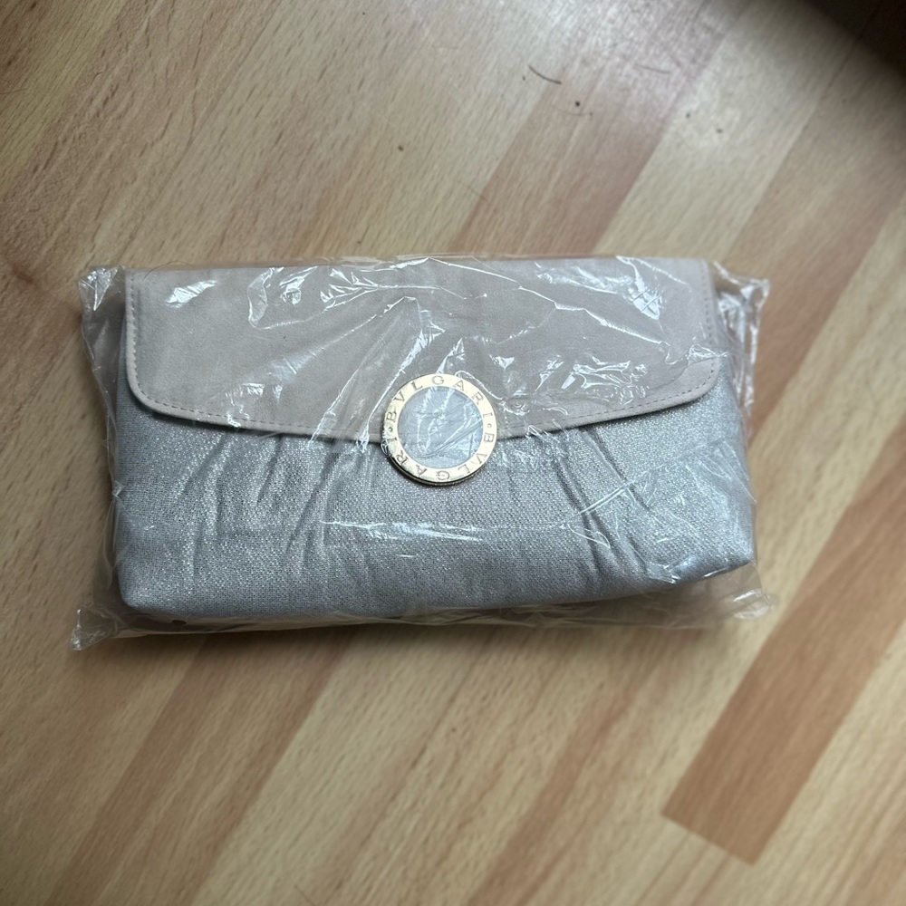 Bvlgari Parfums silver satin clutch NWOT
